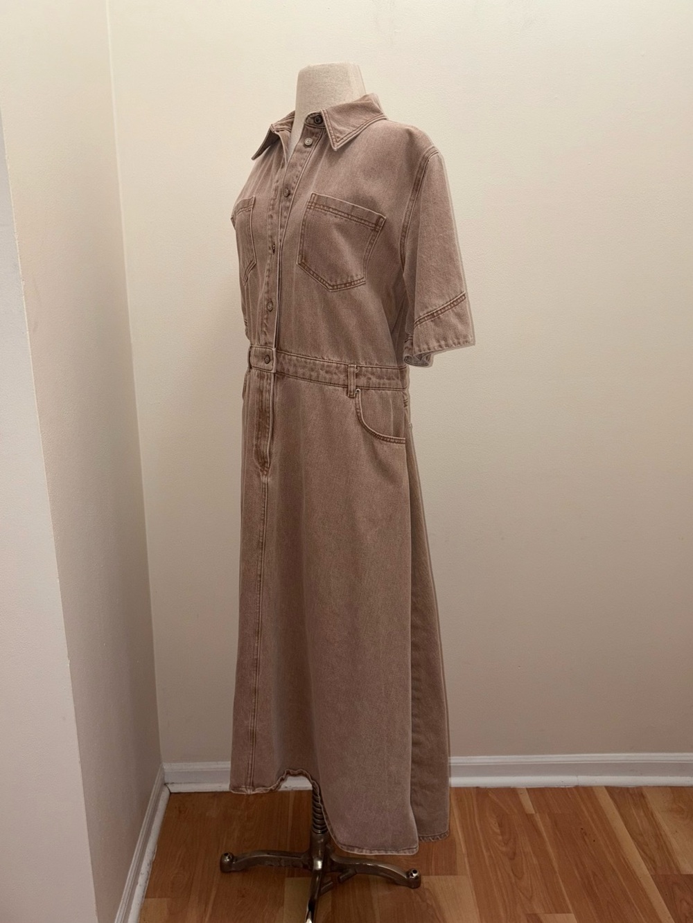 ALIGNE Tan Mateo Asymmetrical Utility Denim Midi Dress Size 12 Large Lagenlook - Picture 3 of 16